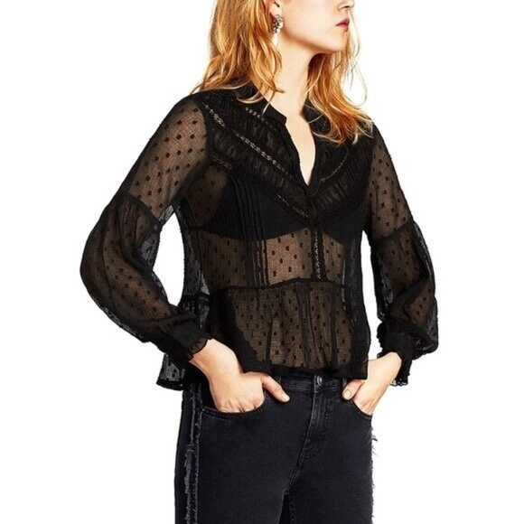Zara Black Sheer Boho Ruffle Top - Picture 1 of 4